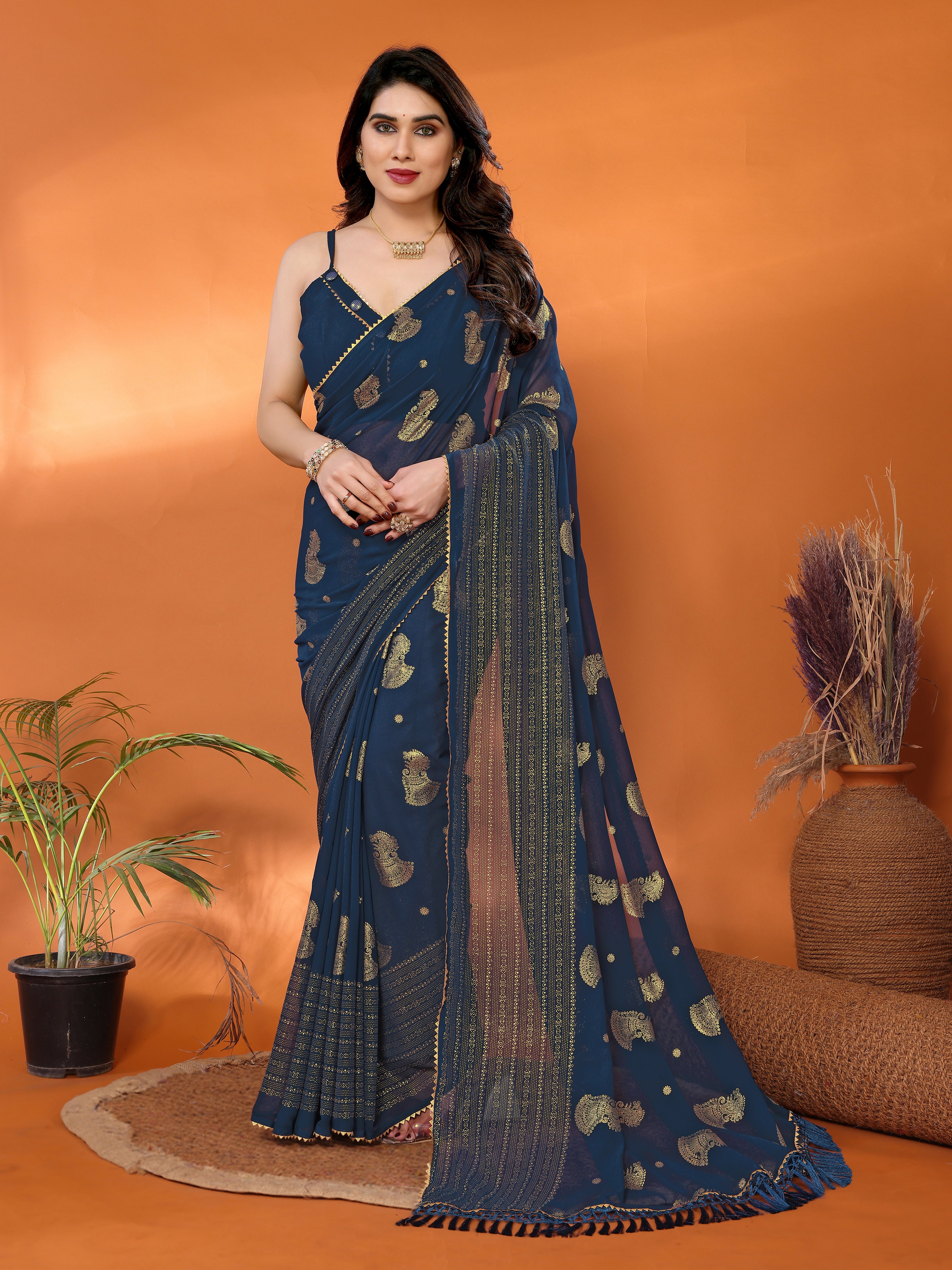Stunning Morpich Georgette Silk Saree with Foil Work & Zalar Lace