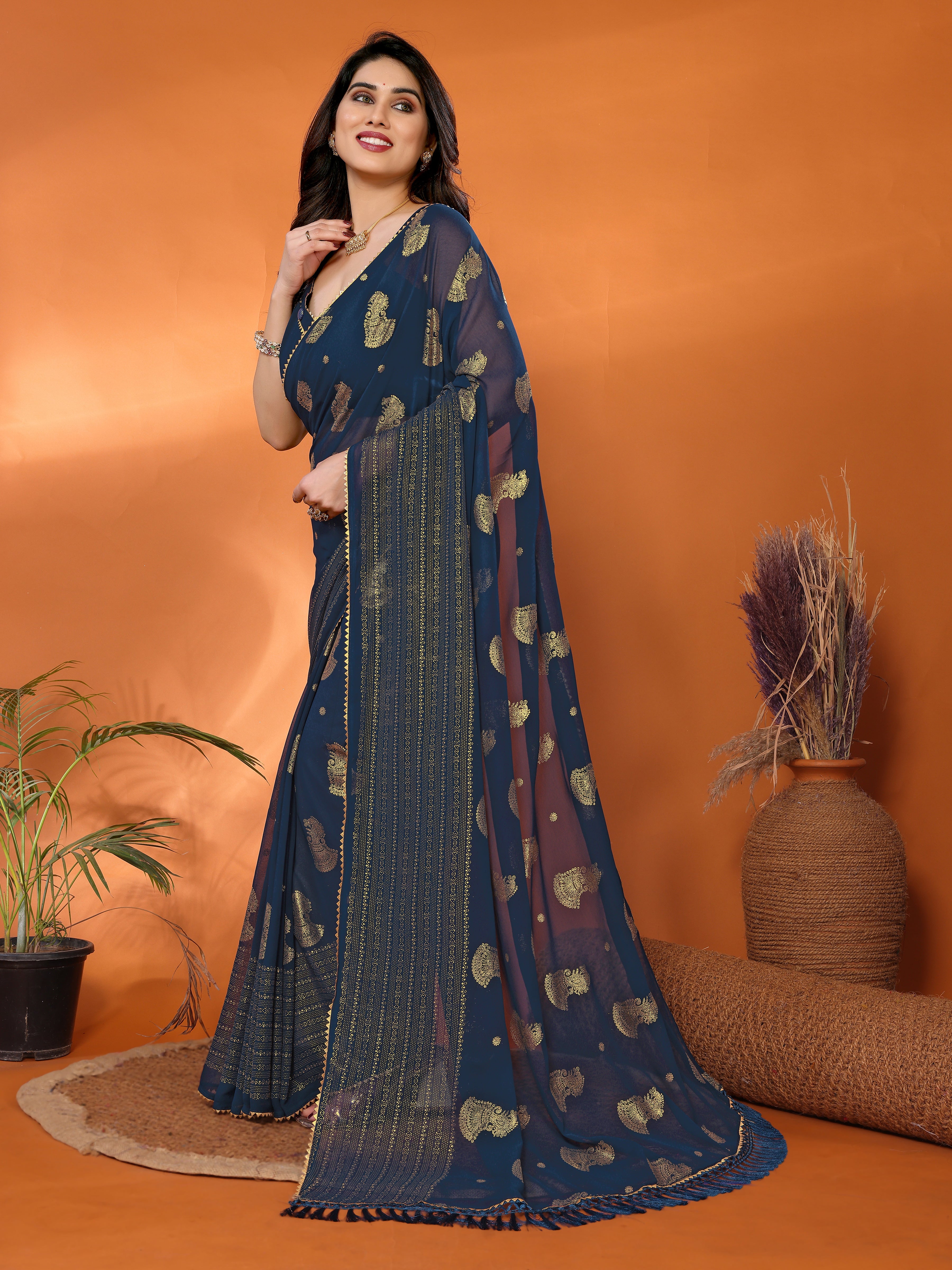 Stunning Morpich Georgette Silk Saree with Foil Work & Zalar Lace