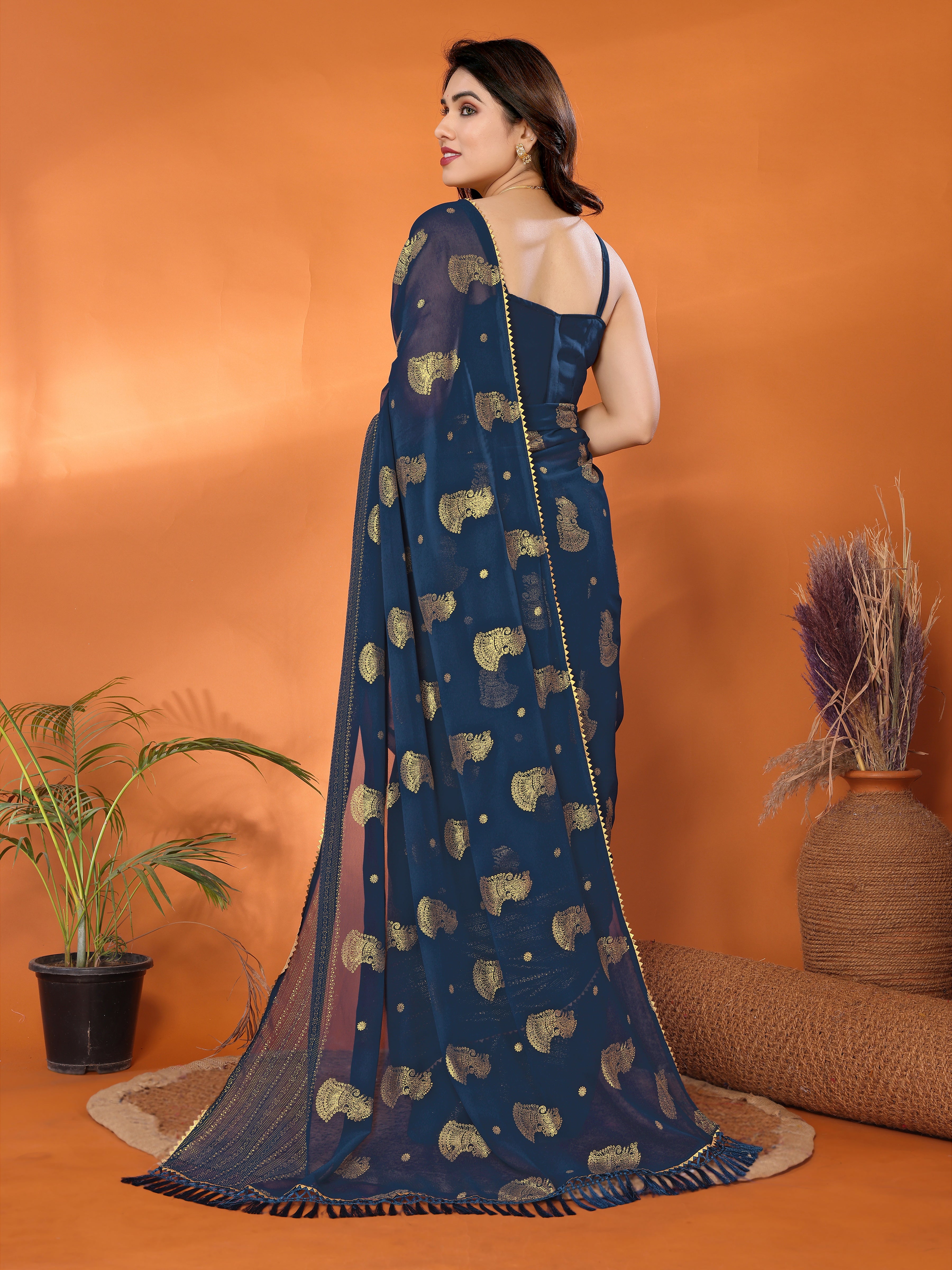 Stunning Morpich Georgette Silk Saree with Foil Work & Zalar Lace