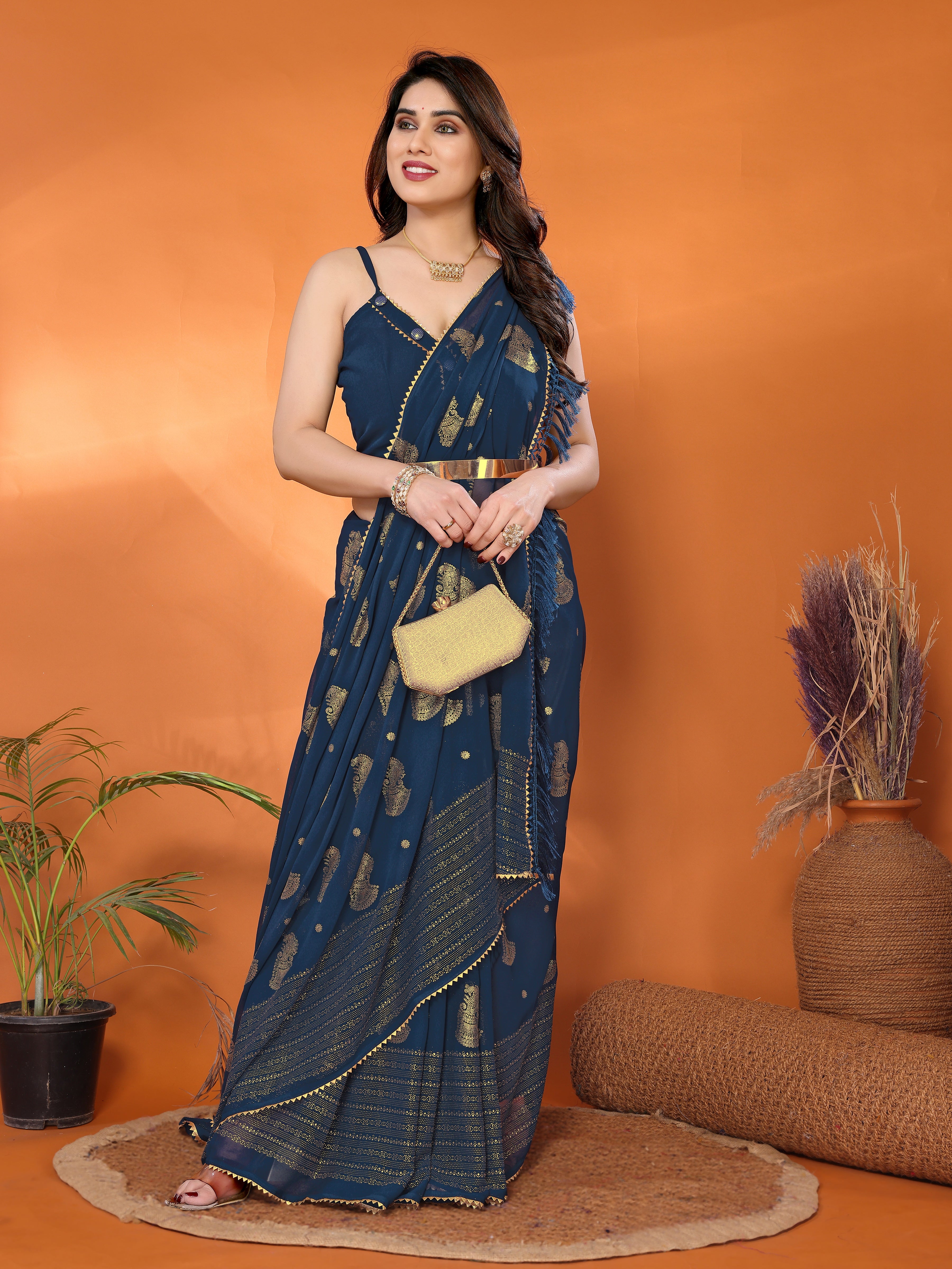 Stunning Morpich Georgette Silk Saree with Foil Work & Zalar Lace