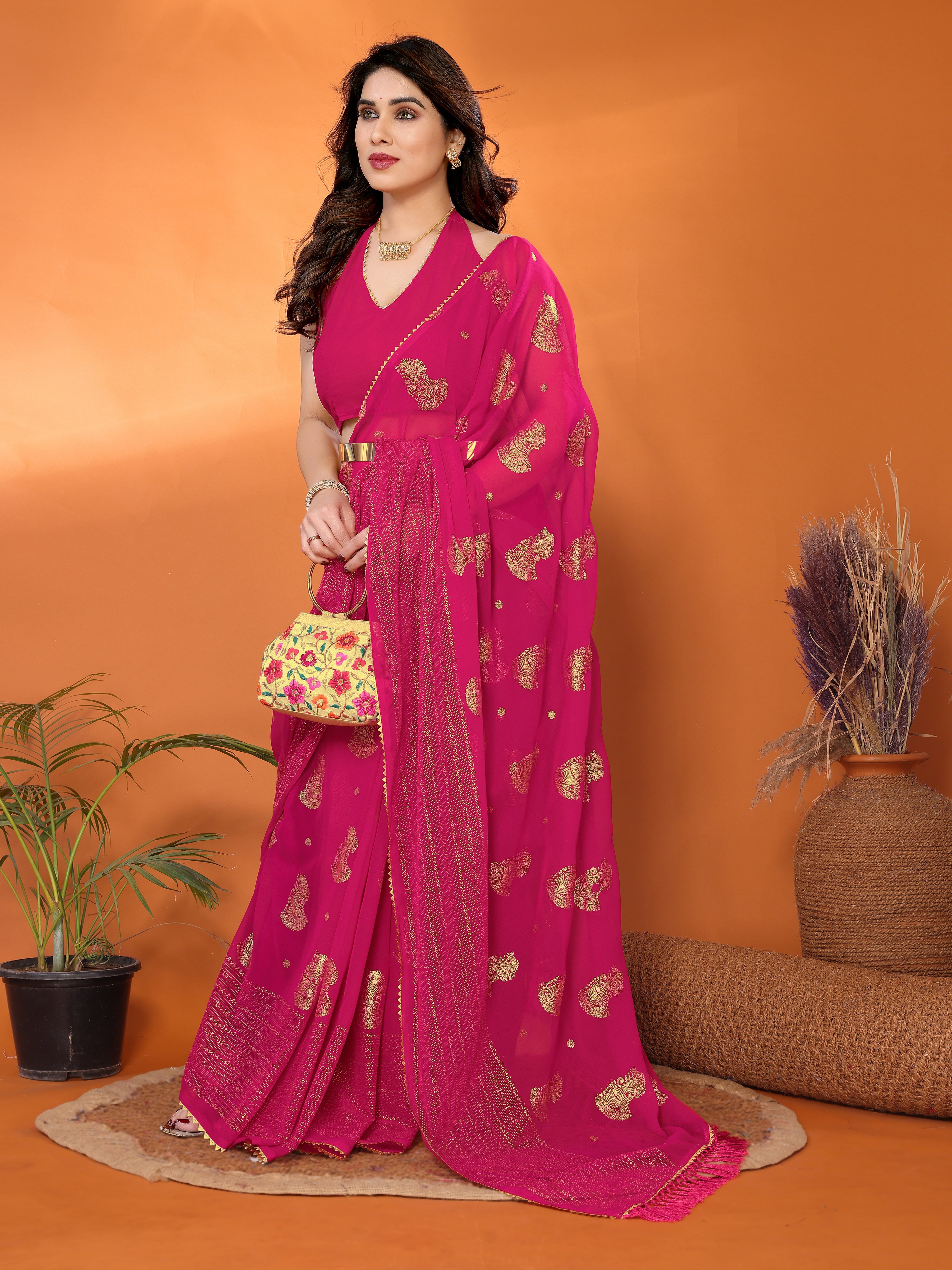 Vibrant Hot Pink Georgette Silk Saree with Foil & Zalar Lace