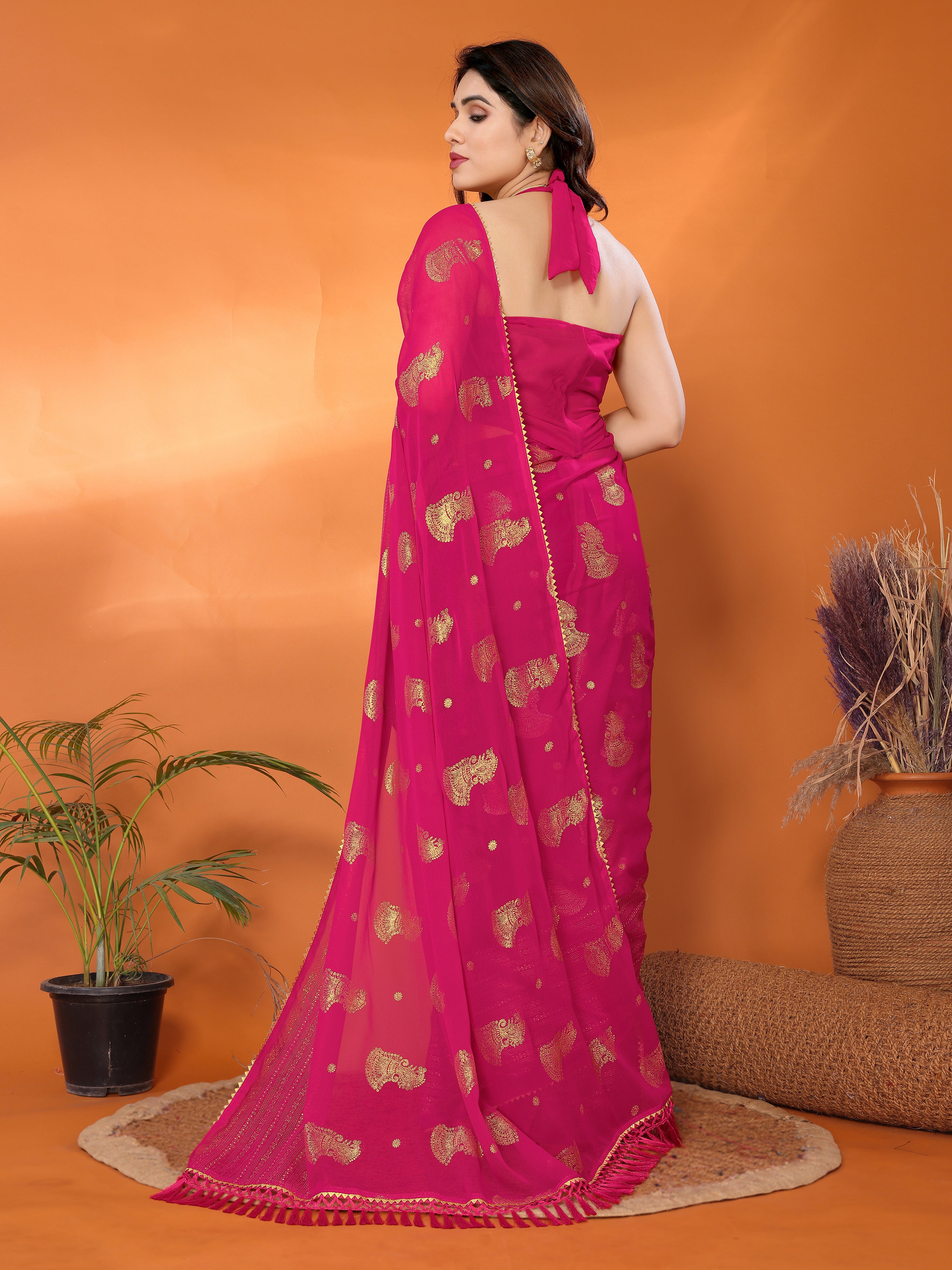 Vibrant Hot Pink Georgette Silk Saree with Foil & Zalar Lace