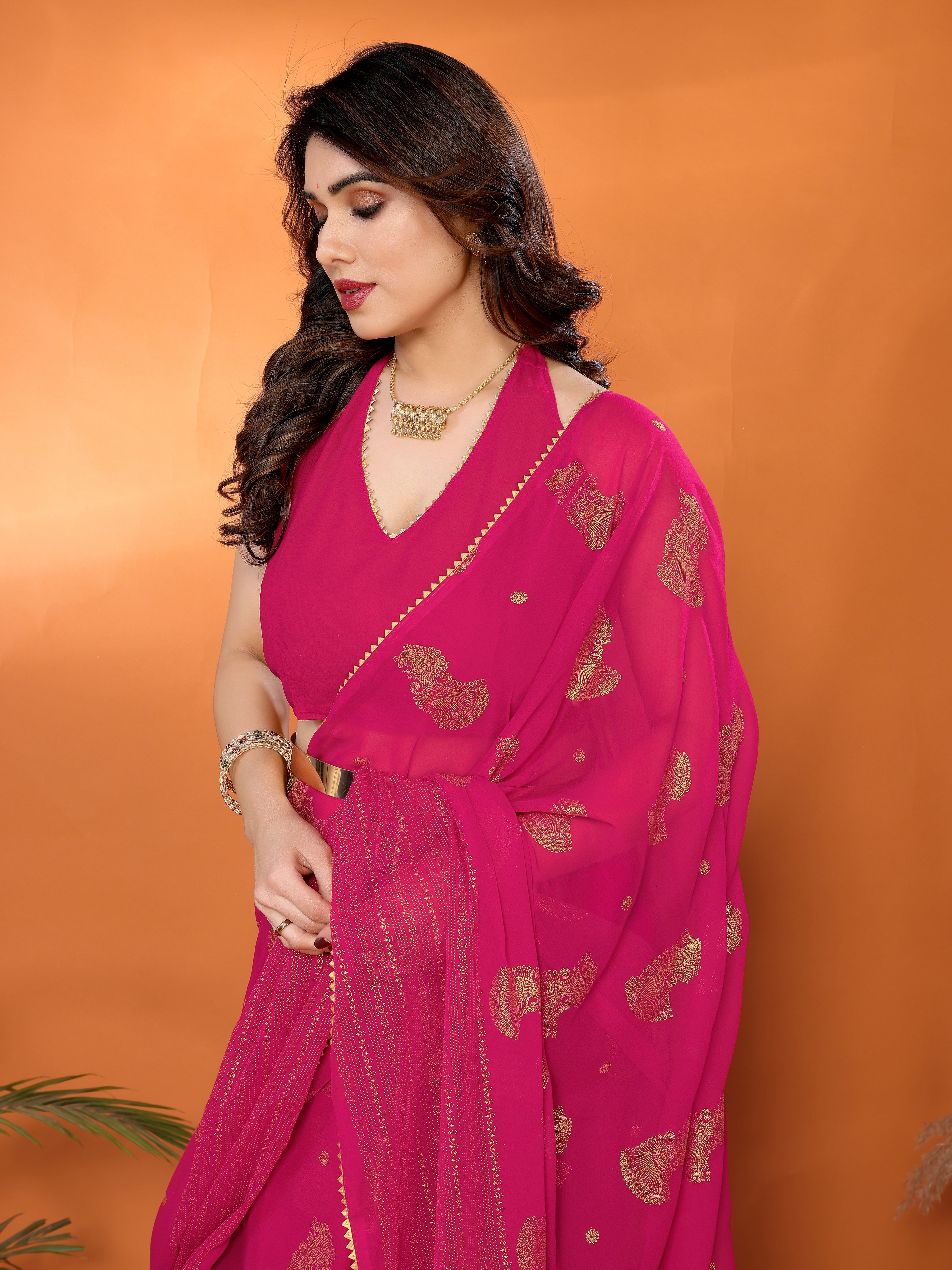 Vibrant Hot Pink Georgette Silk Saree with Foil & Zalar Lace
