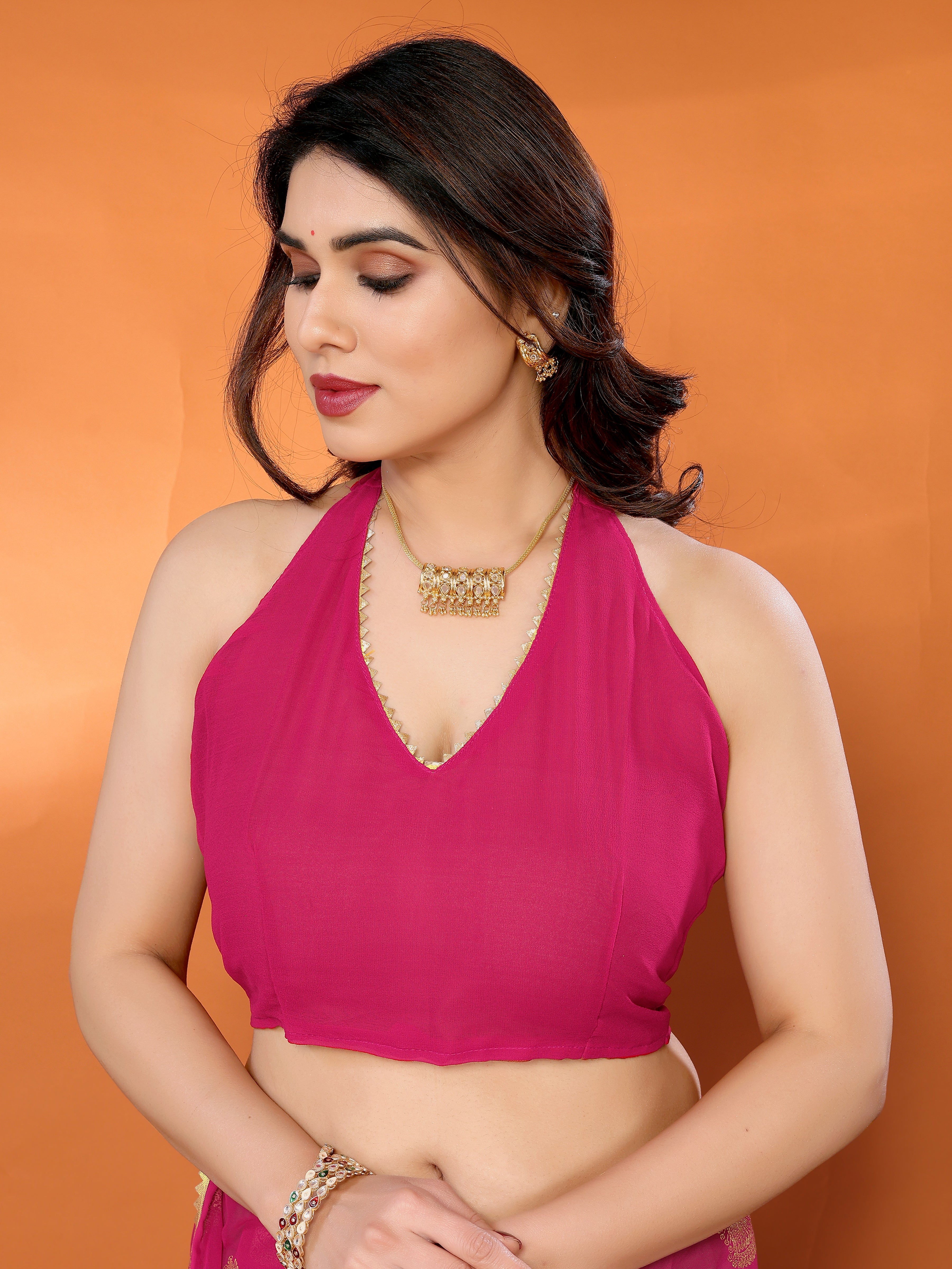 Vibrant Hot Pink Georgette Silk Saree with Foil & Zalar Lace