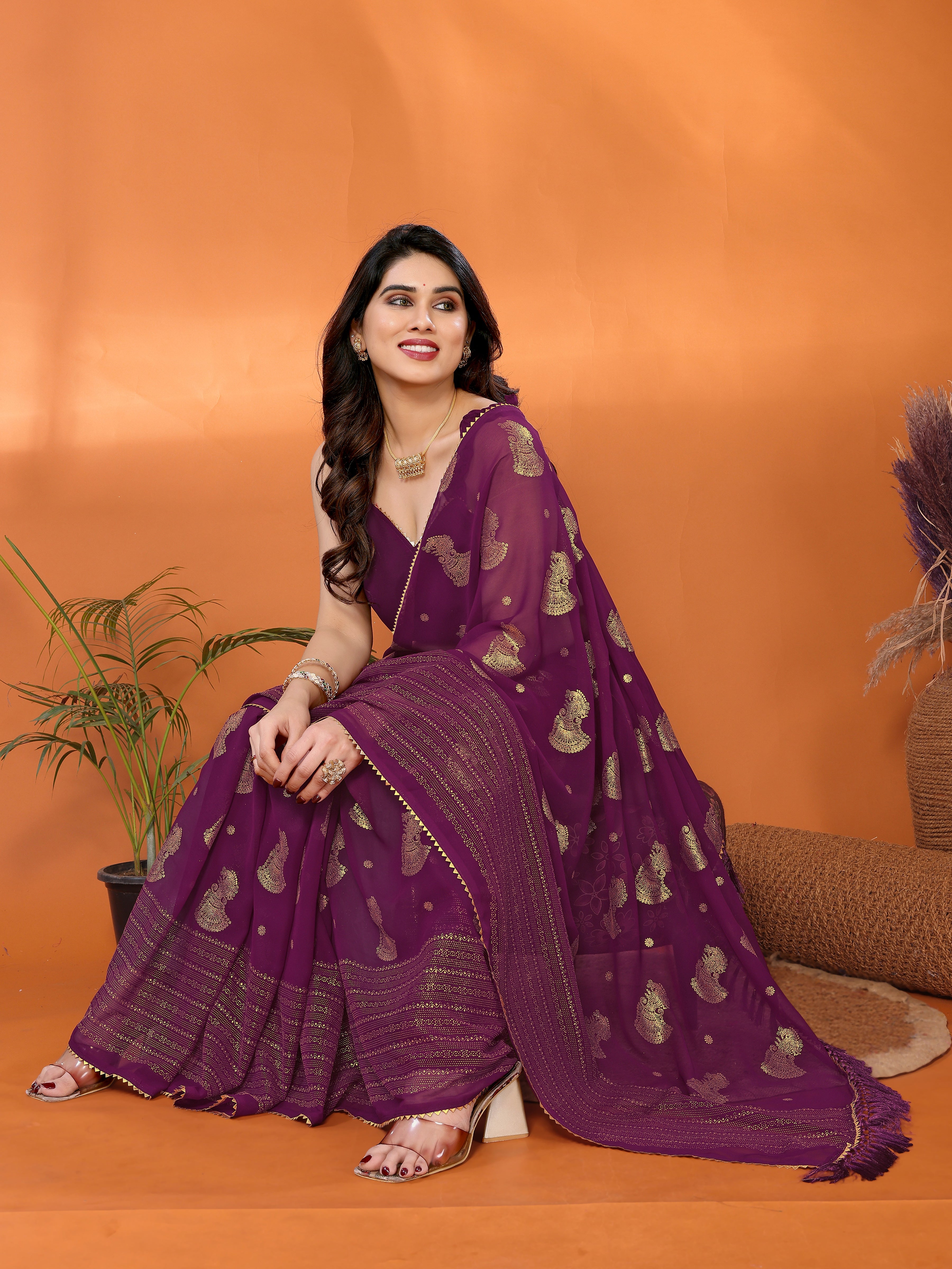 Elegant Wine Georgette Silk Saree with Foil Work & Zalar Lace