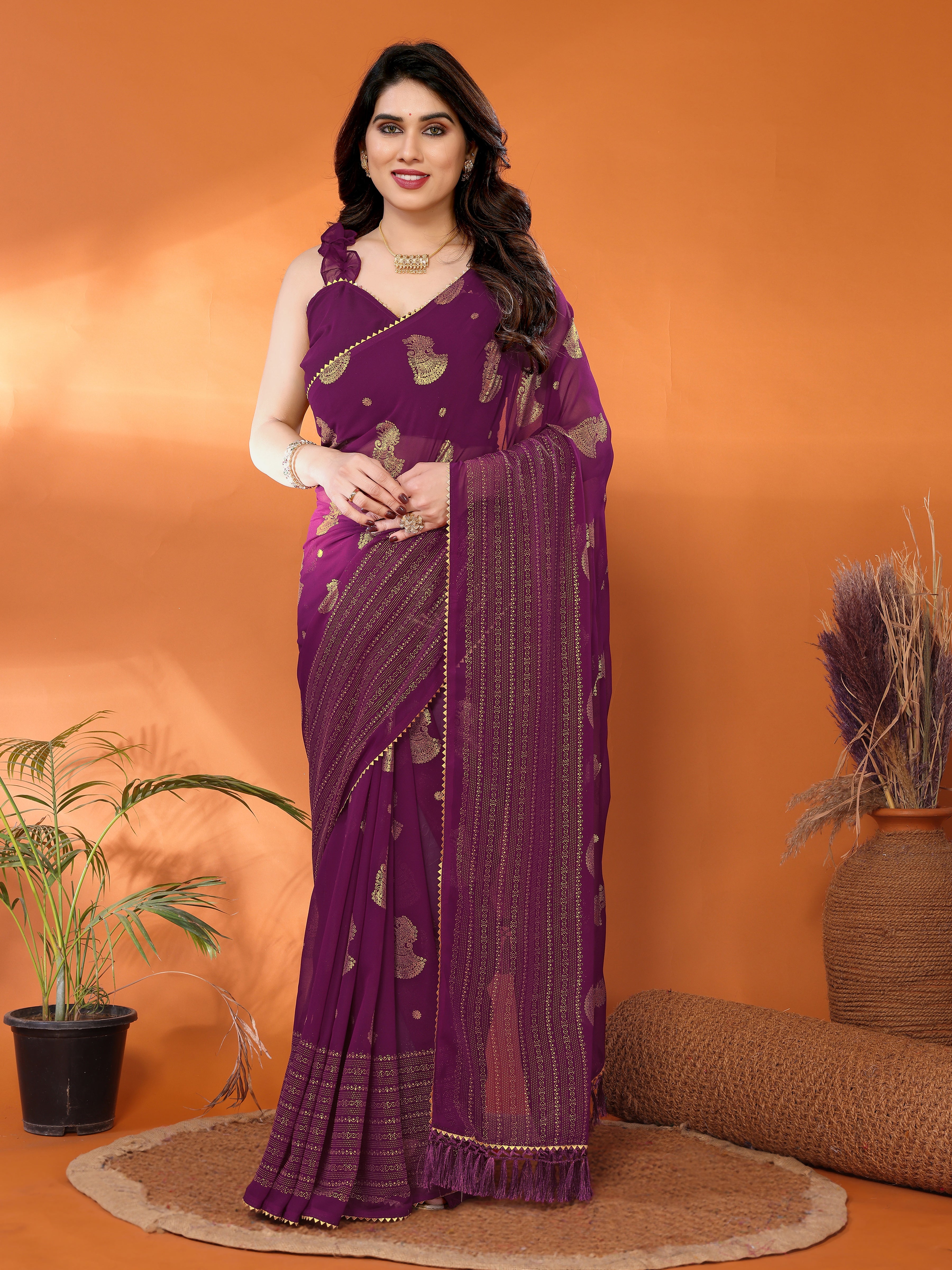 Elegant Wine Georgette Silk Saree with Foil Work & Zalar Lace