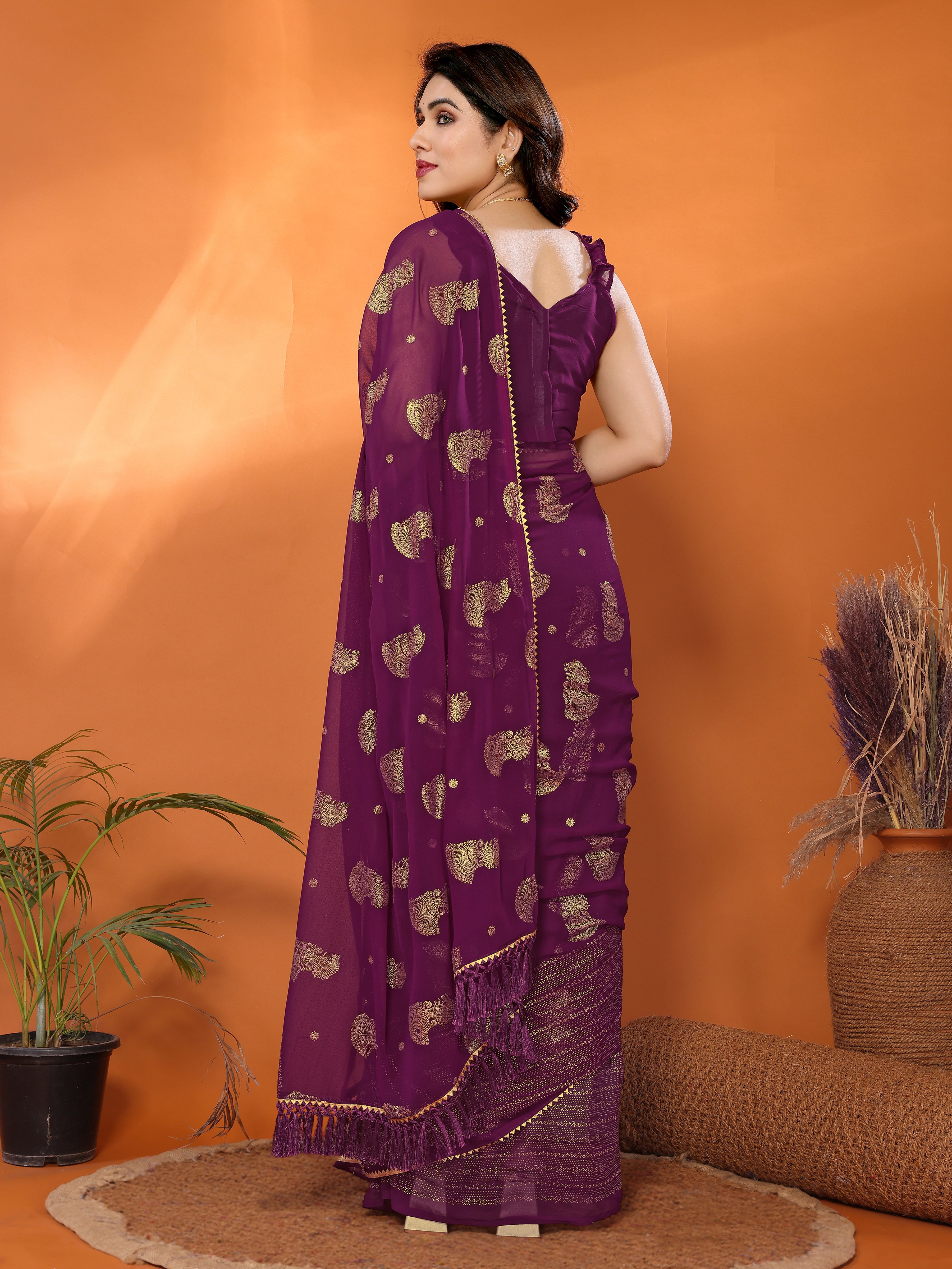 Elegant Wine Georgette Silk Saree with Foil Work & Zalar Lace