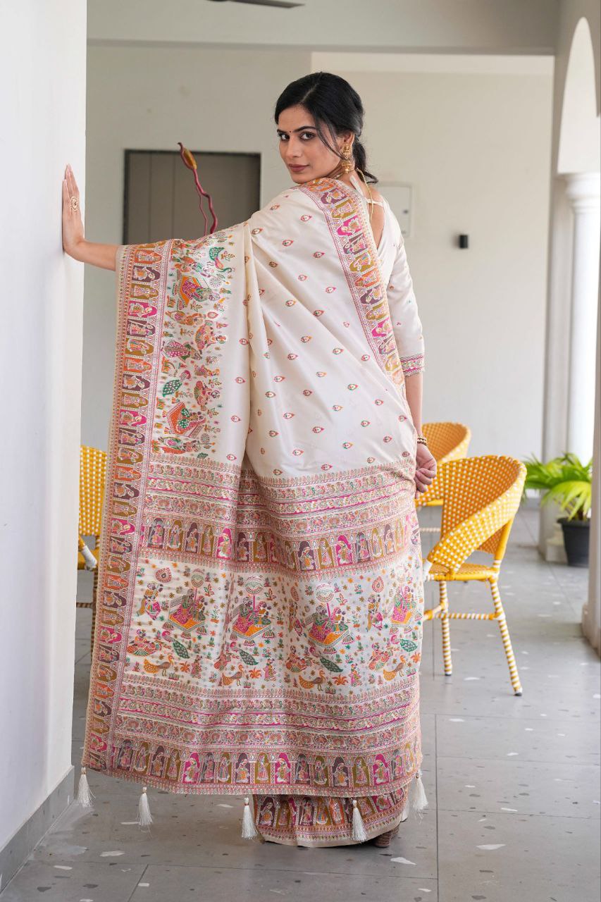 Designer White Color Pashmina Silk Saree With matching Blouse Piece