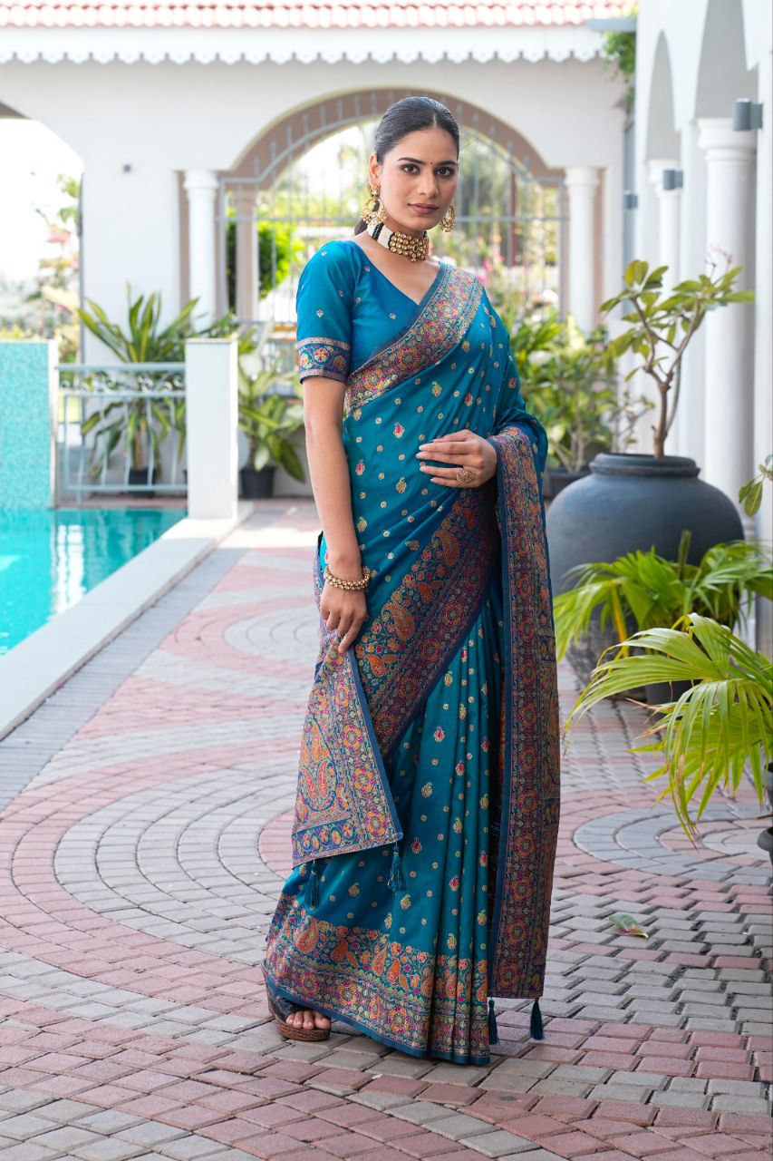 Designer Ferozi Color Pashmina Silk Saree With matching Blouse Piece