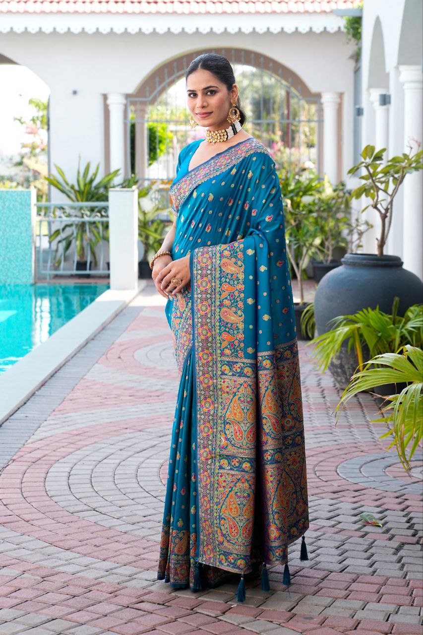Designer Ferozi Color Pashmina Silk Saree With matching Blouse Piece