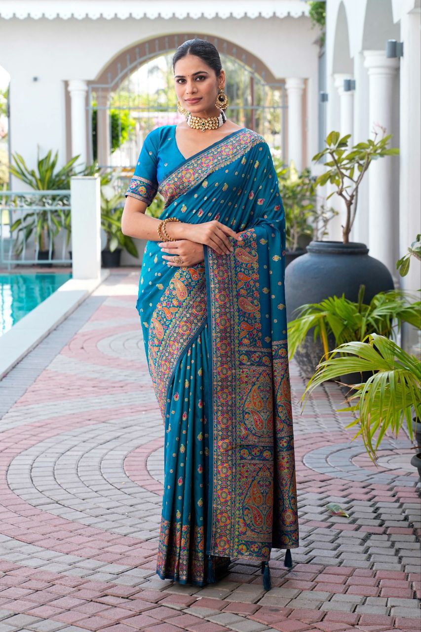 Designer Ferozi Color Pashmina Silk Saree With matching Blouse Piece