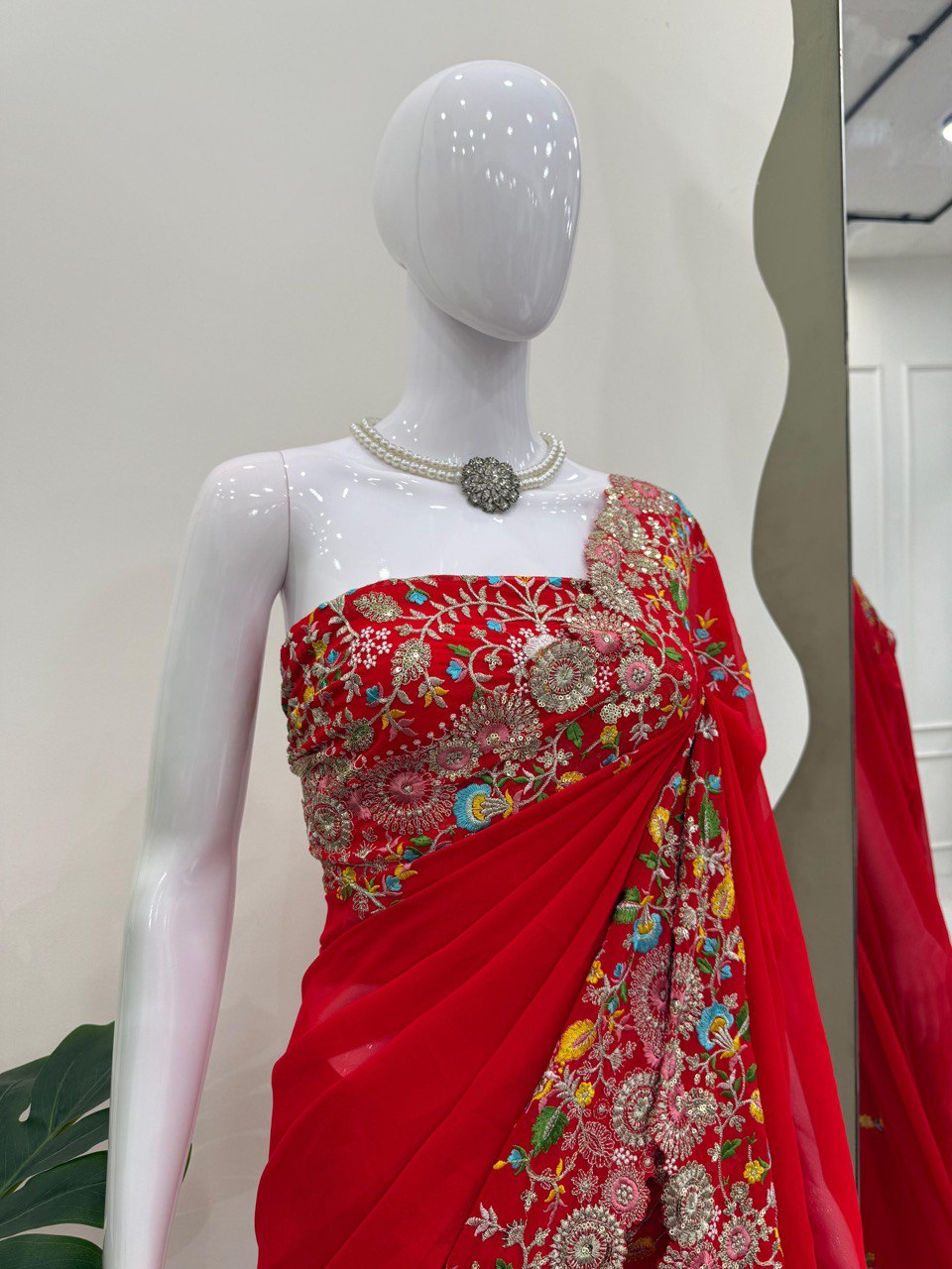 Red Faux Georgette Designer Saree with Thread & Sequin Work
