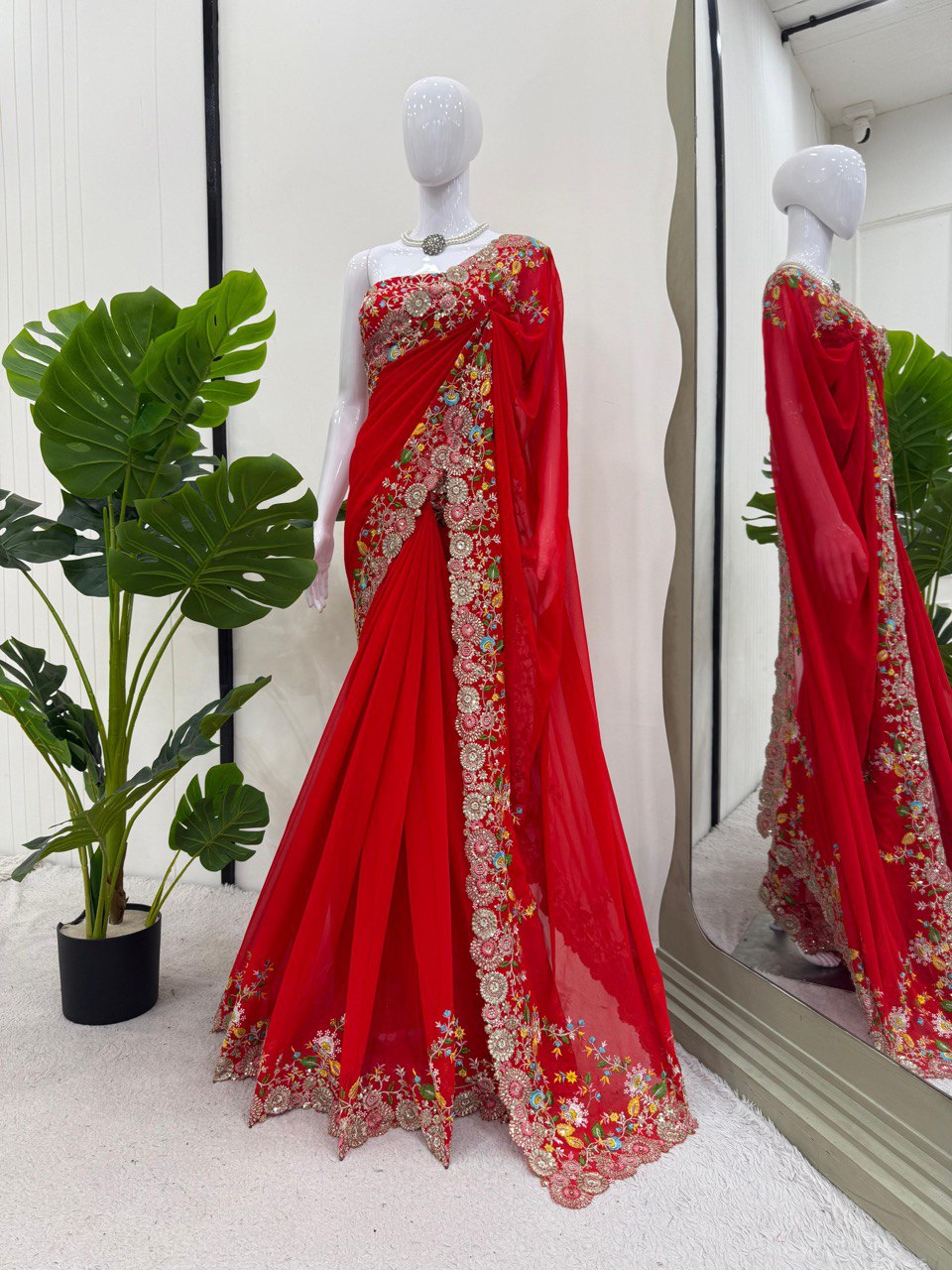 Red Faux Georgette Designer Saree with Thread & Sequin Work