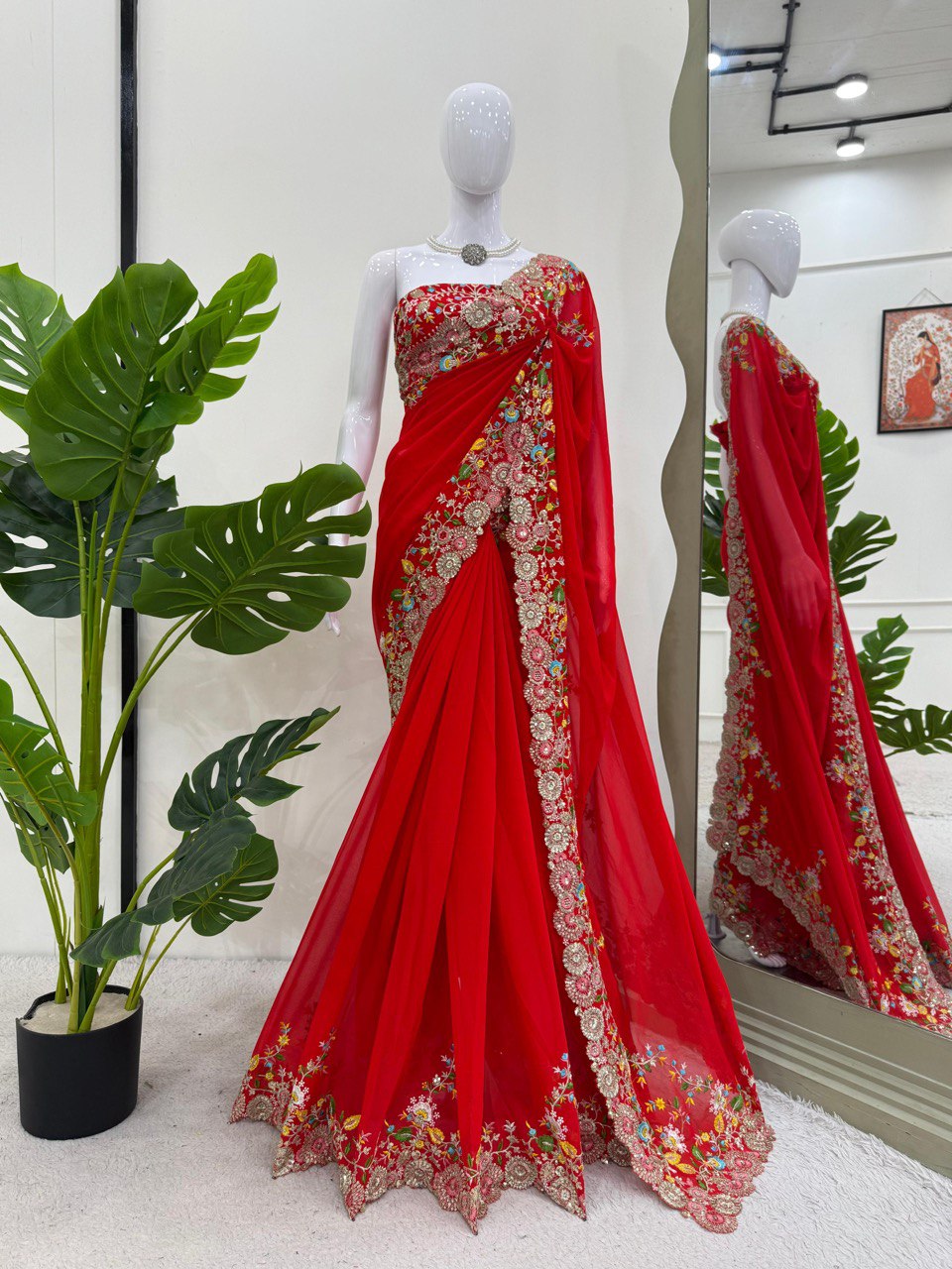Red Faux Georgette Designer Saree with Thread & Sequin Work
