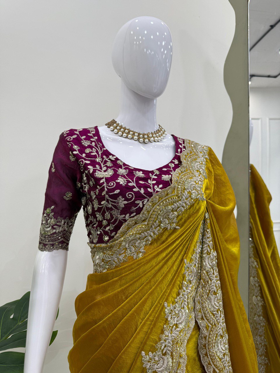 Designer Mustuerd  Colour Fendy Silk Saree with Thread & Sequence Work