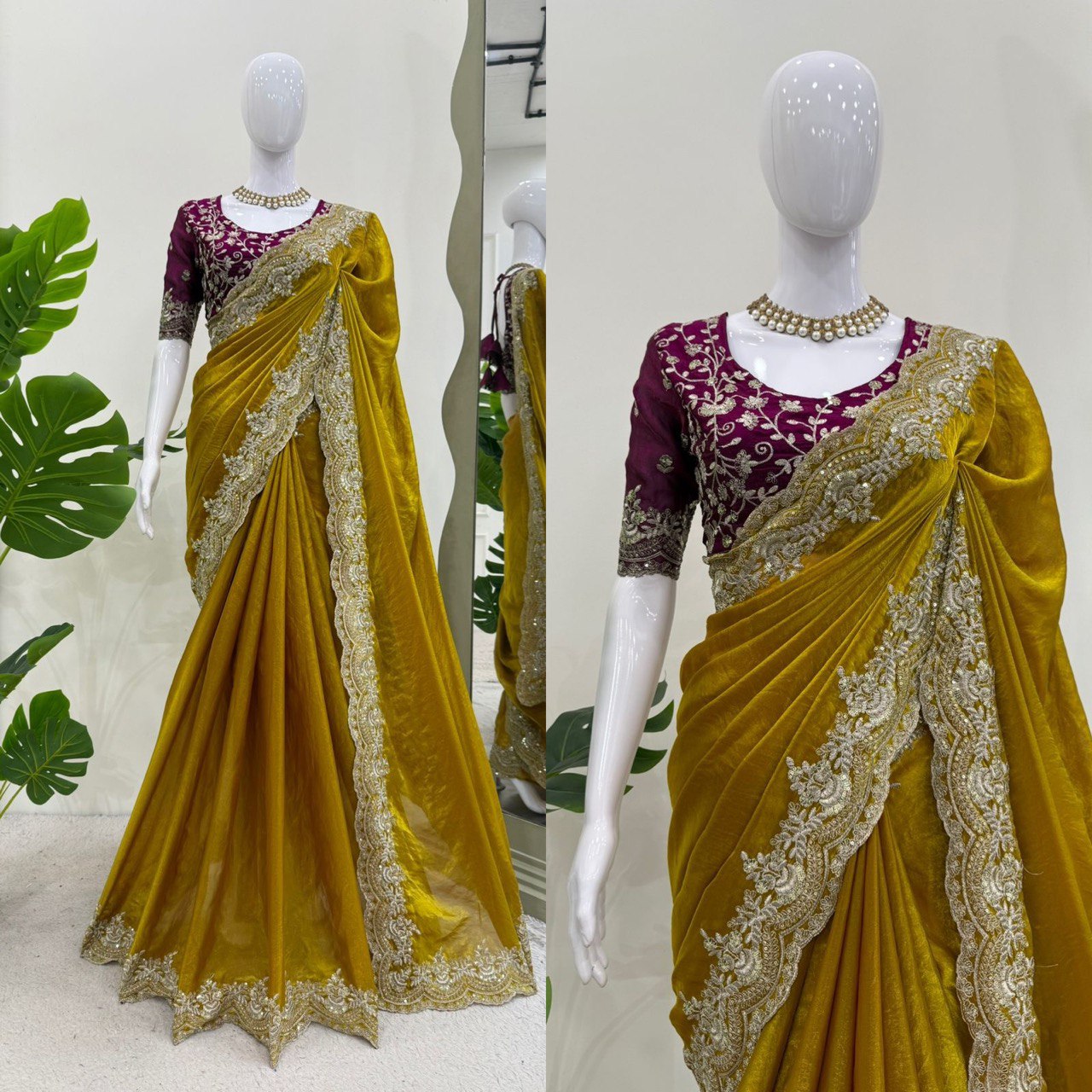 Designer Mustuerd  Colour Fendy Silk Saree with Thread & Sequence Work